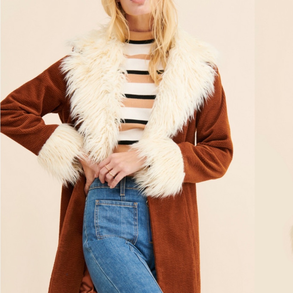 Women's Brown Faux Fur Trim Coat show me your mumu